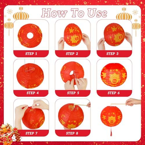 HOWAF 6pcs Chinese New Year Round Paper Lanterns Fu Chun Character Red Lantern for 2026 Lunar New Year Decorations,Spring Festival Hanging Round Lanterns Decorations,Year of The Horse Lanterns