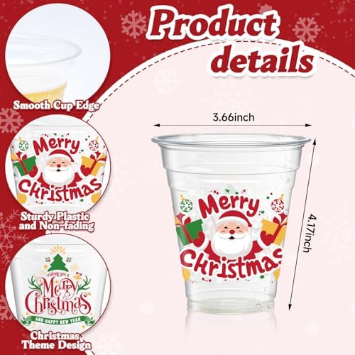 50 Pcs Christmas Party Cups, 12 oz Merry Christmas Clear Plastic Cups, Santa Claus Disposable Drinking Cup for Cold Beverage Ice Cream Snacks Xmas Winter Holiday Party Supplies