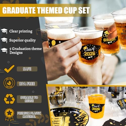 GuassLee Black and Gold Graduation Decorations 2026 Party Cups - 50pcs 12 Oz Black Gold Disposable Graduation Plastic Cups for Drinks Class of 2026 Grad Party Supplies
