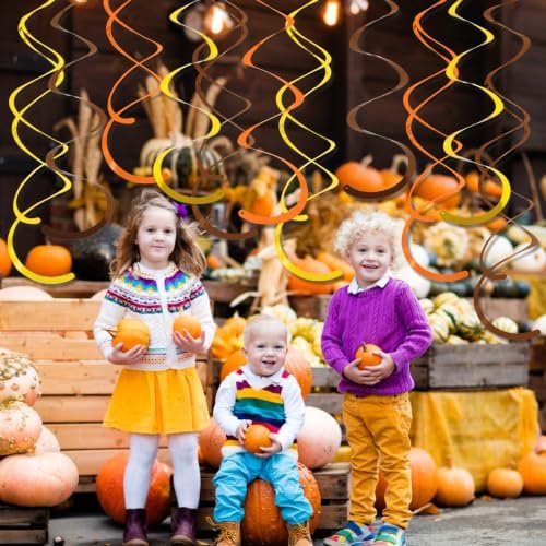 24 PCS Gold Brown Orange Hanging Swirl,Sparkle Ceiling Hanging Decorations,Plastic Streamer Party Decorations with Double-Swirls and Single-Swirls for Fall Birthday, Harvest, Thanksgiving Day,Wedding