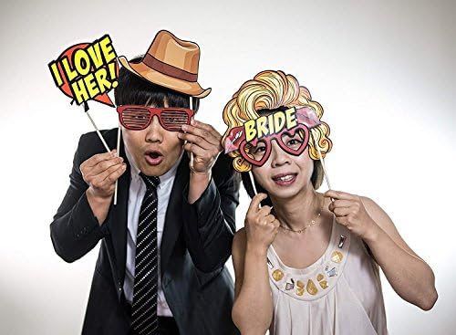Wedding Photo Booth Props Kit - 38 Pieces with Wooden Sticks - Engagement, Birthday Party, Wedding Shower, Bridal Shower Photo Booth Props - Carpediem Party Prop Essential Vol.1