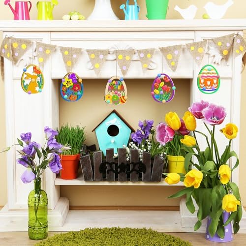 36PCS Wooden Easter Ornaments to Paint, 6 Styles DIY Blank Unfinished Wood Egg Cutouts Ornament for Crafts Hanging Decorations Happy Easter Hallow Egg Rabbit Bunny Butterfly Flower Hen
