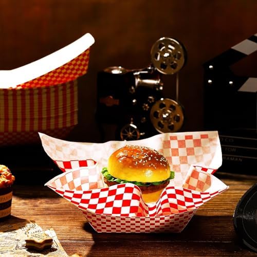 Geosar 200 Pcs Gingham Paper Food Tray with Wax Paper,Red White