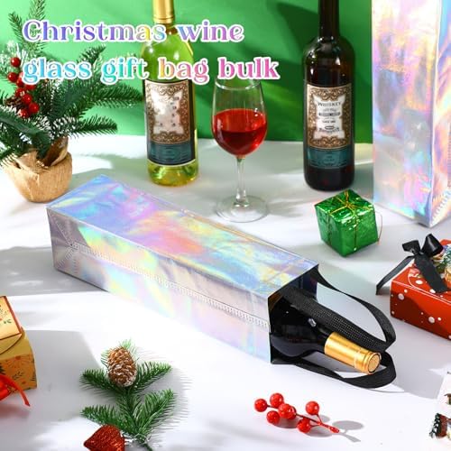 Windyun 200 Pcs Wine Gift Bags with Handle Reusable Small 13.8x3.5x3.9 Inches Liquor Bottle Totes Bulk for Birthday Wedding Christmas Holiday Party (Iridescent)