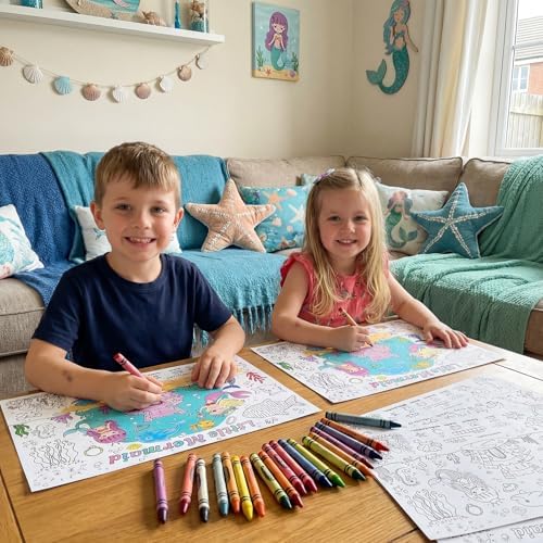 45pcs Mermaid Disposable Coloring Placemats Magical Mermaid Crafts for Kids Party Favors Coloring Poster Princess Birthday Party Supplies Classroom Activities Paper Table Mats