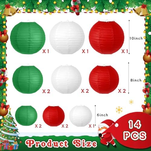 14 Pcs Red Green White Paper Lanterns, 6-10 Inch Hanging Party Decor Set