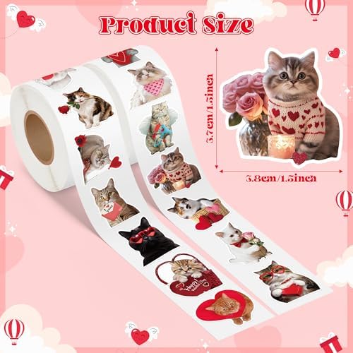 H1vojoxo Valentine’s Day Sticker Rolls - 1000PCS Valentine’s Day Holiday Cat Stickers for Kids Classroom 16 Design Valentines Cute Cat Sticker for Craft Valentines Funny Cats Stickers for Envelope
