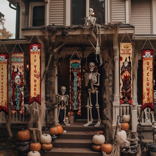 Hahafelt 6 Pcs Halloween Party Decorations Banners 61 Inch Carnival Clown Bulletin Board Banner Evil Circus Gothic Porch Door Hanging Decor for Wall Classroom Office Halloween Circus Party Supplies