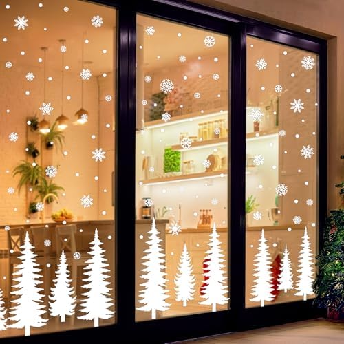 10 Sheets Christmas Window Clings Stickers Winter White Snowflake Christmas Tree Window Decals for Xmas Holiday Party Home Office Shop Glass Display Decoration
