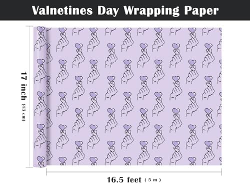 WRAPAHOLIC Valentines Day Wrapping Paper Roll - Mini Roll - 17 Inch x 16.5 Feet - Purple Finger Heart Wrapping Paper for Valentine's Day, Anniversary, Wedding