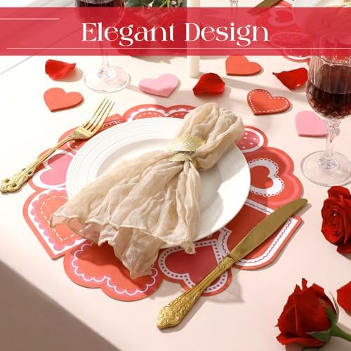 50 Pcs Valentines Round Red Heart Place Mats Pink Disposable Paper Table Mats Bulk Seasonal Valentine Decor for Valentines Anniversary Marriage Proposals Home Party Dining, 12.9 Inch