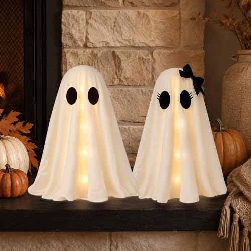 2 Pack 24 Inch Halloween Ghost Decorations, Light Up Ghosts with Witch Hats, DIY Spooky Ghost Decor with LED Lights for Porch Yard Lawn Garden Home Halloween Party