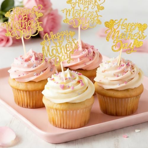 Happy Mothers Day Cake Topper, 24 Pcs Mothers Day Cupcake Toppers, Glitter Gold Happy Mother's Day Cupcake Toppers Food Picks Cake Decoraitons for Birthday Mothers Day Decorations