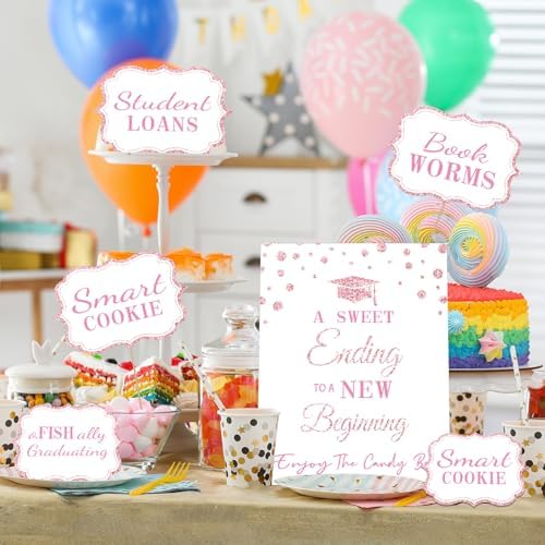 Graduation Candy Buffet Labels for Grad Party Decorations, Graduation Candy Bar Dessert Food Label Signs Set, Class of 2026 Grad Parties Table Decor Supplies (Pink)