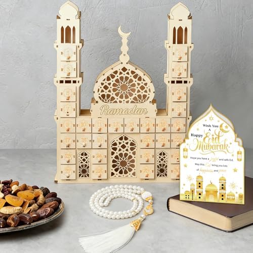 HOWAF Eid Gifts Set with Mosque Shape Card & Prayer Beads, Ramadan Mubarak Greeting Card with Envelope and Ramadan & Eid Pearl Zikirmatic Beads with Box, Islamic Present for Women, Muslim Celebration Gift Set