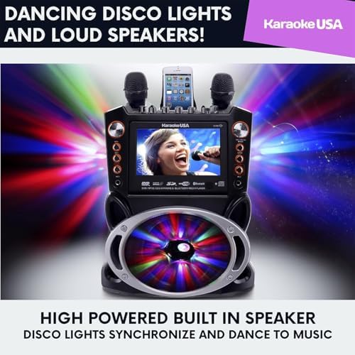 Karaoke Machine with Lyrics Display 7" Screen. CD+G, DVD, MP3+G, MP3, CD & USB. Wireless Bluetooth Speaker with LED Disco Lights. Includes 2 Wired Microphones and 2 Bonus Karaoke Discs By Karaoke USA