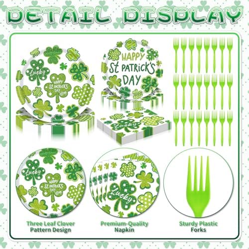 96 Pieces St. Patrick’s Day Tableware Set – Green Shamrock Disposable Plates Napkins Forks with “Happy St. Patrick’s Day” Lucky Clover Designs for Holiday Parties Irish Celebrations – Serves 24