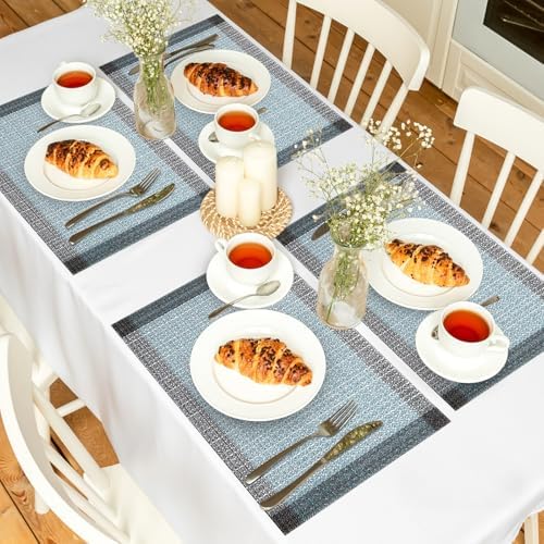 Bloss Blue Grey Boho Placemats Set of 4-12x18Inch Washable Table Mats