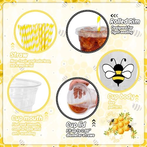 Whaline 50Pcs Bee Disposable Plastic Cups With Lids and Straws 12 Oz Cute Bee Cold Beverage Drinking Cups for Baby Shower Birthday Party Supplies