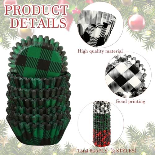 Whaline 600Pcs Christmas Cupcake Wrappers 3 Colors Buffalo Plaid Cupcake Liners Disposable Cake Holders Paper Muffin Cups for Baking Home Kitchen Holiday Party Supplies