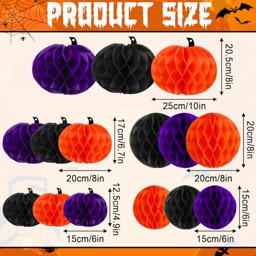 15Pcs Halloween Honeycomb Hanging Decorations Orange Purple Black