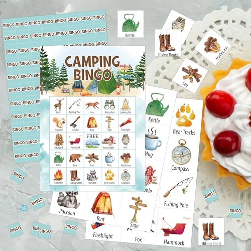 Camping Bingo Game, Nature Bingo Cards Set, Hike Field Trip Outdoor Activities Supplies for Adults, Family Friends Activities Favors Decorations for 24 Player, 01