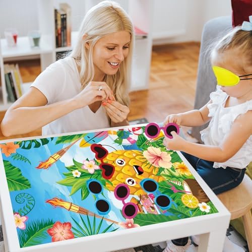 Hooqict Luau Party Game for Kids Pin the Sunglasses on the Pineapple for Summer Tropical Tiki Luau Party Supplies Decorations, Large Hawaiian Pin The Tail Game Poster with 27 Pineapple Stickers