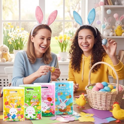 Easter Treat Bags, 50 PCS Easter Gift Bags with Handles, Plastic Happy Easter Day Cookie Goodie Candy Bag Easter Bunny Cute Spring Party Favor Bag for Easter Party Favors Supplies, 6.5x10 Inch