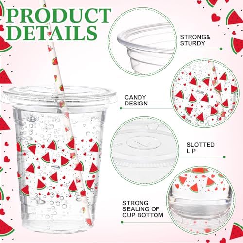 Funnymoom 50 Sets Watermelon Disposable Plastic Cups Bulk with Lids and Straws 16 oz Watermelon Clear Plastic Cups Red Fruit Cold Beverage Drinking Container for Baby Shower Birthday Party Supplies