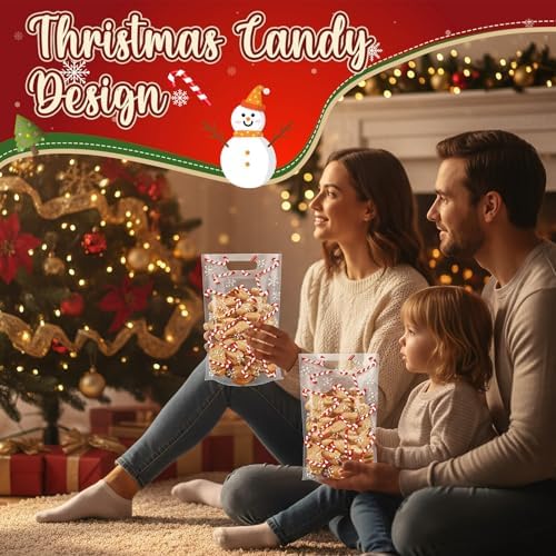 Engrowtic 50 Pcs Christmas Treat Bags Resealable Christmas Zipper Bags Candy Cane Plastic Gift Bag Holiday Bag with Handles for Xmas Party Favor Wrapping Supplies