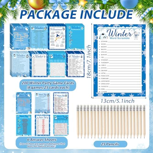 gisgfim 231Pcs Winter Party Games Cards Snowflake Snowman Trivia Word Search Scramble Maze Games Winter Christmas Holiday Party Supplies for School Classroom Family Activity Birthday Favor