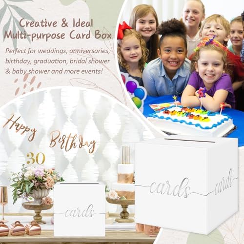 Elegant Wedding Card Box, Silver Foil Gift Card Box Holder for Party, White