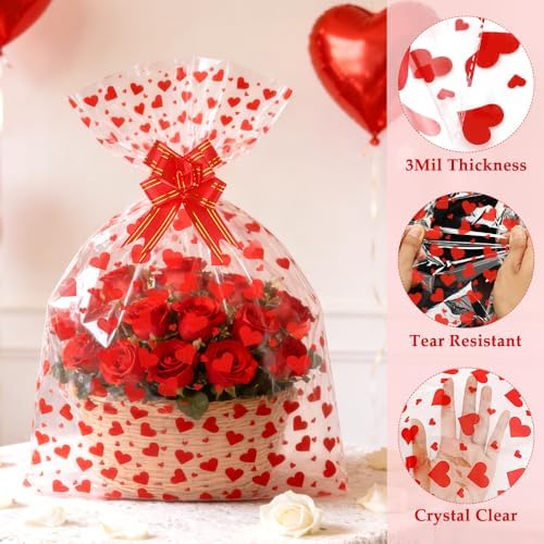 10 Sets Large Valentines Cellophane Bags(20x28 Inch) with Pull Bows Red Heart Gift Goodie Basket Stocking Stuffers Wrap Valentine Day Galentines Party Decorations Favors Supplies Holiday Baggies