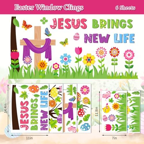 Whaline 6 Sheets Christian Easter Window Clings Window Decal Jesus Cross Floral Egg Tree Reusable Anti-Collision Windows Decor for Holiday Spring Party Supplies