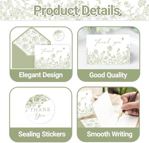 48 Pack Green Floral Thank You Cards With Envelopes Stickers, Summer Wedding Floral Thank You Card Greenery Bridal Shower Birthday Supplies
