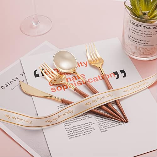 Lullaby 240PCS High End Gold Plastic Silverware with Wood Grain Handle