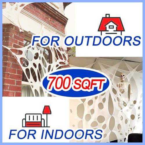 700 Sqft Glow-in-The-Dark Giant Spider Web Halloween Outdoor Decoration, Giant Outdoor Spider Decorations Set, with 3 Blacklight (24FT x 4FT)(White)