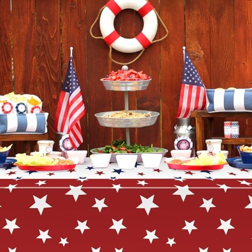 Gistome 3 Pack 54 x 108 Inch 4th of July Plastic Tablecloths, Red White Blue Stars Disposable Rectangle Table Covers for Independence Day Memorial Day Party Decorations