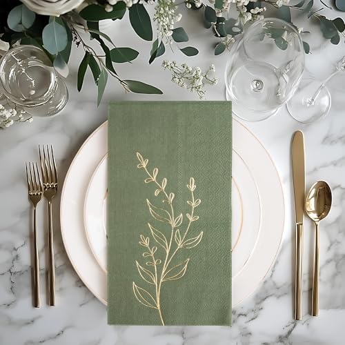 Olive Green Napkins 2- Ply Disposable Dinner Paper Napkin 100 Pcs Gold Foil Leaves Cocktail Napkins for Christmas Dinner Picnic Birthday Wedding Party