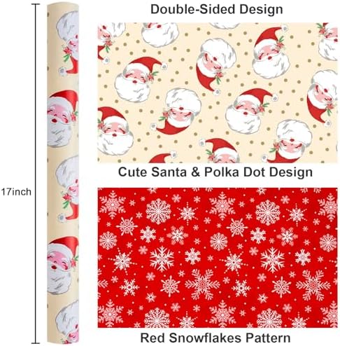 Yarcony Reversible Christmas Wrapping Paper, Santa Wrapping Paper, Cute Vintage Beige Santa Claus, Gold Dot and Snowflake Pattern Christmas Gift Wrap for Winter Holiday (Mini Roll, 17 Inch X 33 Feet)