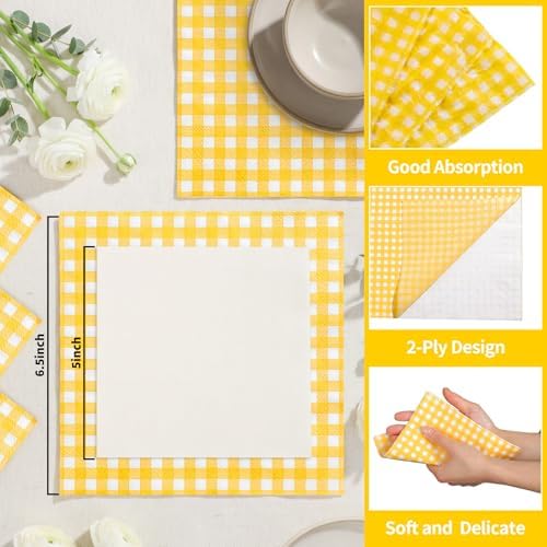 NatNarr 80 Pk Gingham Napkins Yellow Napkins Disposable, 6.5"