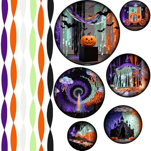 6 Crepe Paper Streamers Rolls, 492ft Black Orange Purple Green and White Streamers Party Supplies for Halloween Theme Horror Party Birthday Wedding Backdrop Decorations (1.8 inch x 82 ft/Roll)
