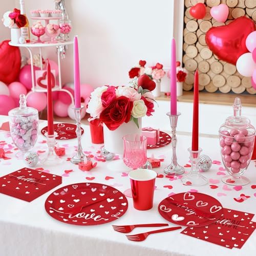 96 Pieces Valentine’s Day Tableware Set – Red and White Disposable Plates, Napkins, and Forks with Heart and Love Designs for Valentine’s Parties Romantic Celebrations – Serves 24 Guests