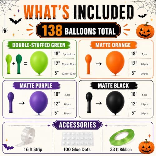 Halloween Balloon Arch, Orange, Black, Purple & Green, 138 Balloons
