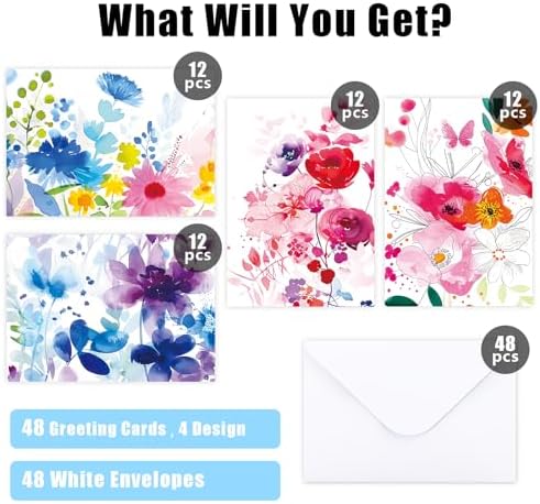 FUHITIM 48 Pack Blank Cards and Envelopes, Watercolor Flowers Blank Greeting Cards, Blank Cards for All Occasion
