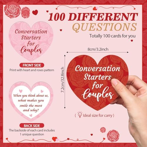 Pasimy 100 Pcs Couples Conversation Cards Game Bulk Romantic Couple Conversation Starters Boyfriend or Girlfriend Fun Question Card for Anniversary Deeper Connection Build Adult Relationship(Heart)