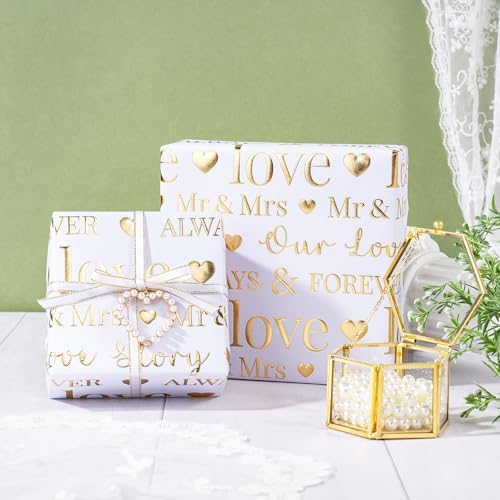 RUSPEPA Wrapping Paper Roll, Bridal Shower Gift Wrap, Mini Roll, 17 Inches x 16.5 Feet, White and Gold Foil LOVE Design for Wedding, Anniversary, Engagement (Pack of 3)
