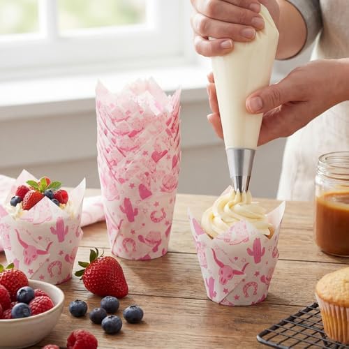 Maxdot 200 Pcs Western Cowgirl Tulip Cupcake Liners for Baking Western Theme Paper Muffin Baking Cups Pink West Tulip Muffin Liners Wrappers for Baby Shower Birthday Bachelorette Party