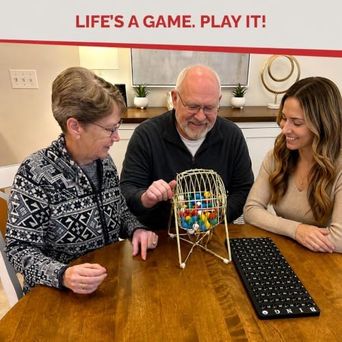 MR CHIPS 11" (Inch) Tall Professional Bingo Set with Steel Cage, Everlasting 7/8” Balls, Master Board for Balls - Luxury Gold Color