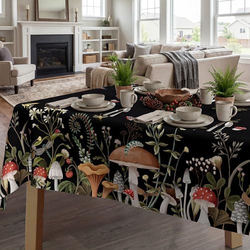 Mushroom Tablecloth 52x70 Inch Rectangle, Farmhouse Mushroom Forest Decorations for Home Table Cloth, Black Seasonal Decor Tablecloths Polyester for Picnic Party Dinner